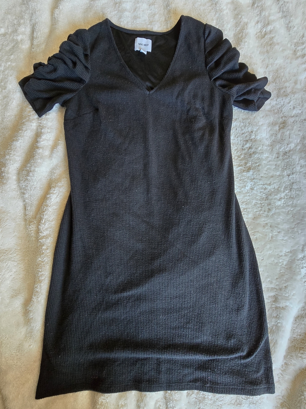 Nine West Black Ribbed V-Neck Mini Dress